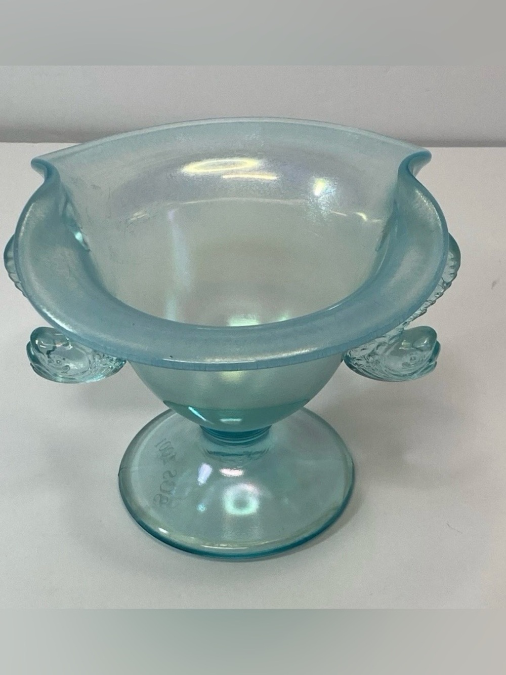 Fenton Aqua Opal Stretch Glass Dolphin Compote SGS 2001 Signed